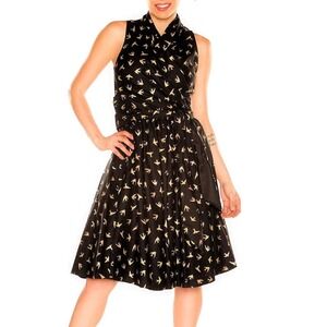 Retrolicious L Fit & Flare Dress Bird Print Pin Up Sleeveless Black Gold USA